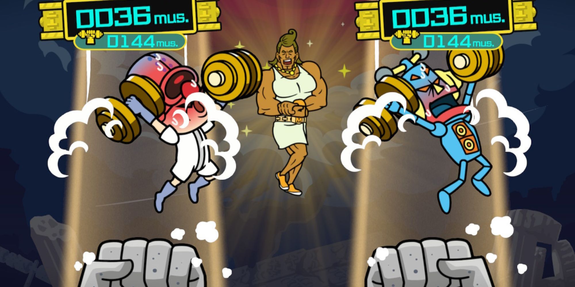 Crygor and Mike work out in front of a buff angel