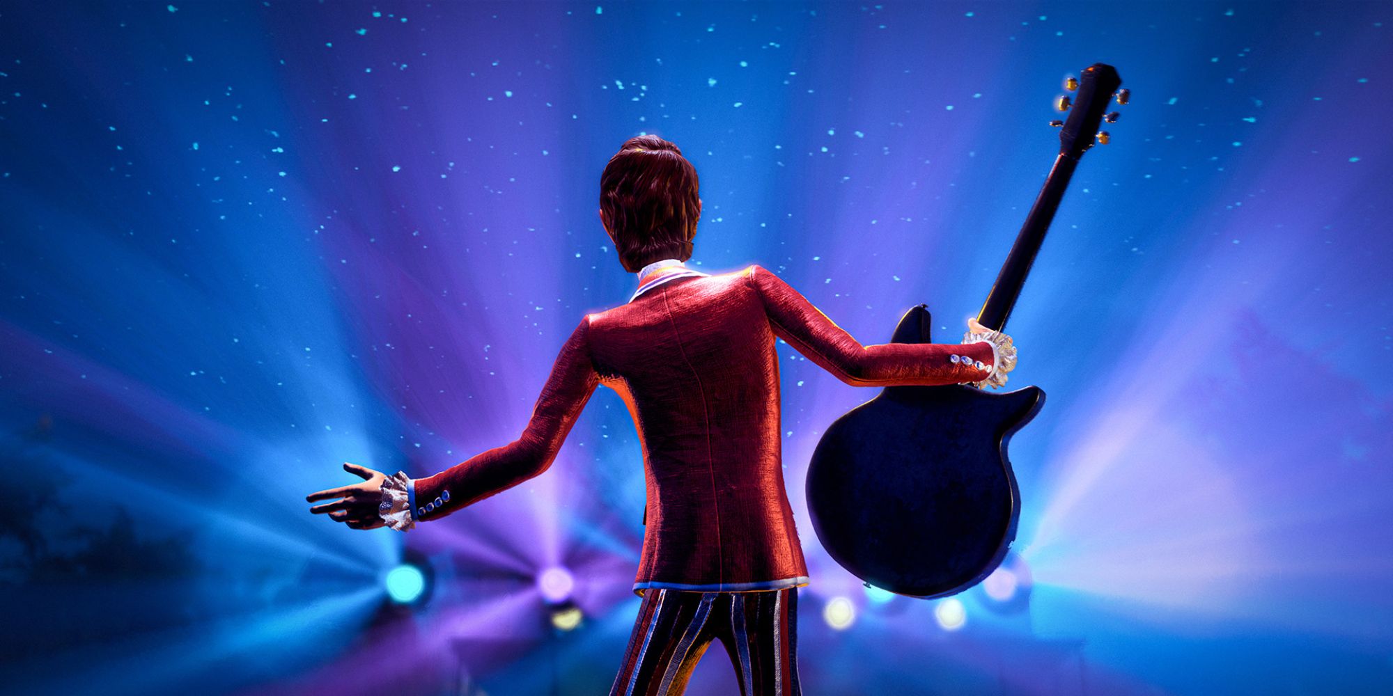 We Happy Few Lightbearer DLC Screenshot Of The Back Of Nick On Stage Holding His Guitar