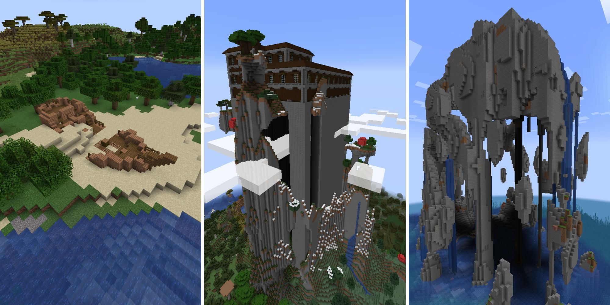 A split image of a beached wooden ship, an incredibly tall woodland mansion on a stone foundation, and a hollowed out mountain with floating stone around it.