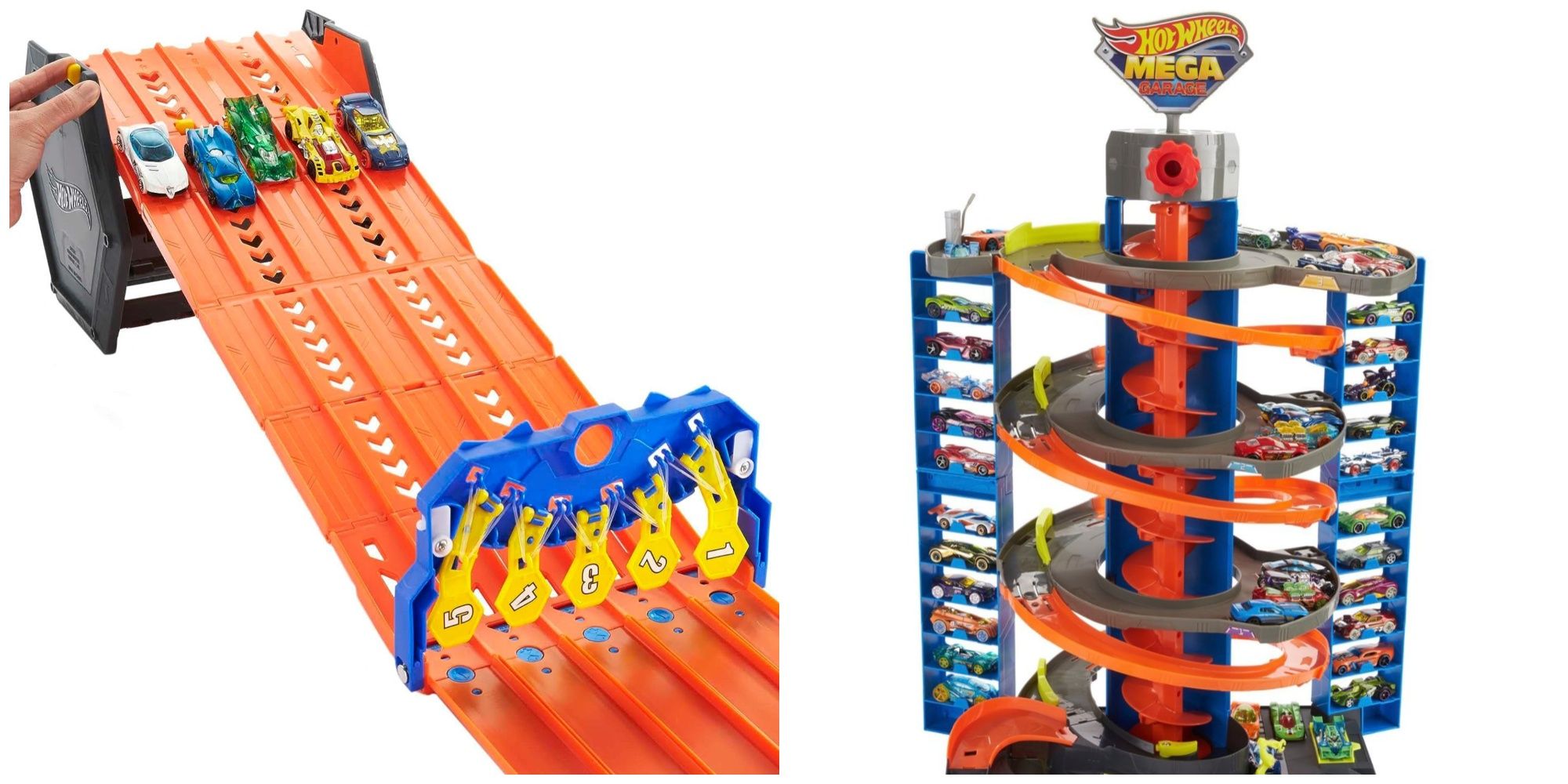 Two official Hot Wheels tracks in a split dual-image. On the left, five cars race down an orange track. On the right, roughly two dozen cars sit in a vertical garage.
