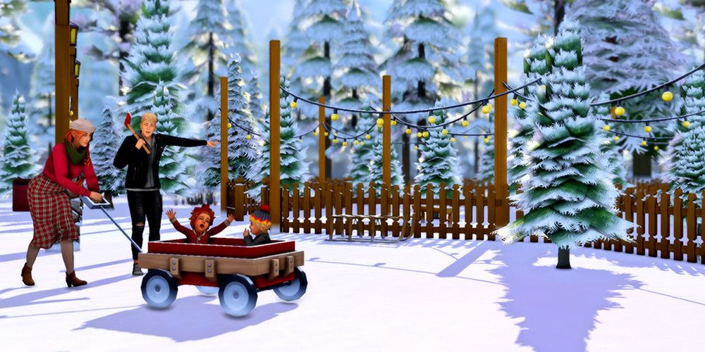 A family poses outside of a Christmas tree farm in The Sims 4.