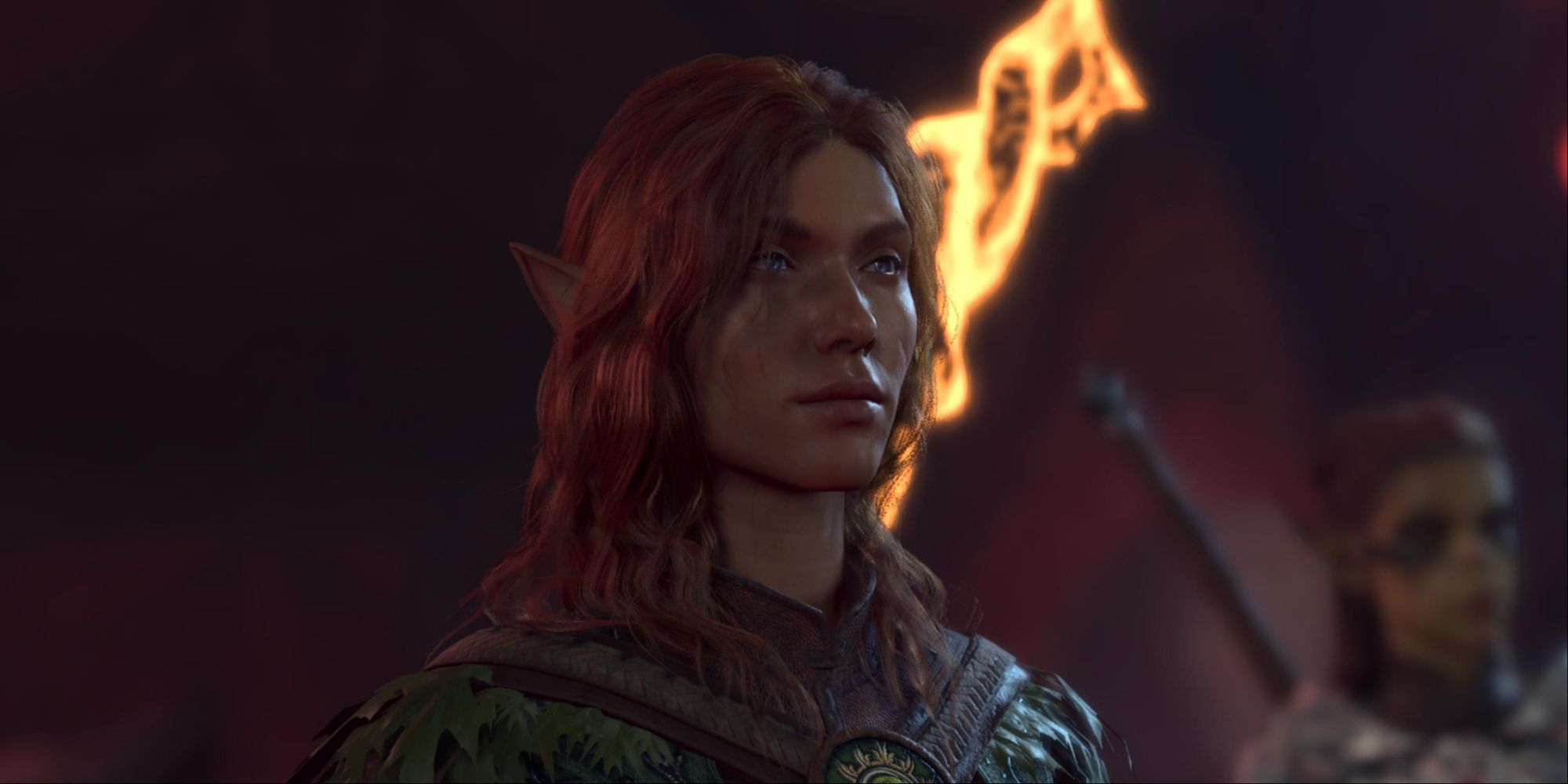 A custom Wood Elf Druid with Lae'zel in the background, from Baldur's Gate 3