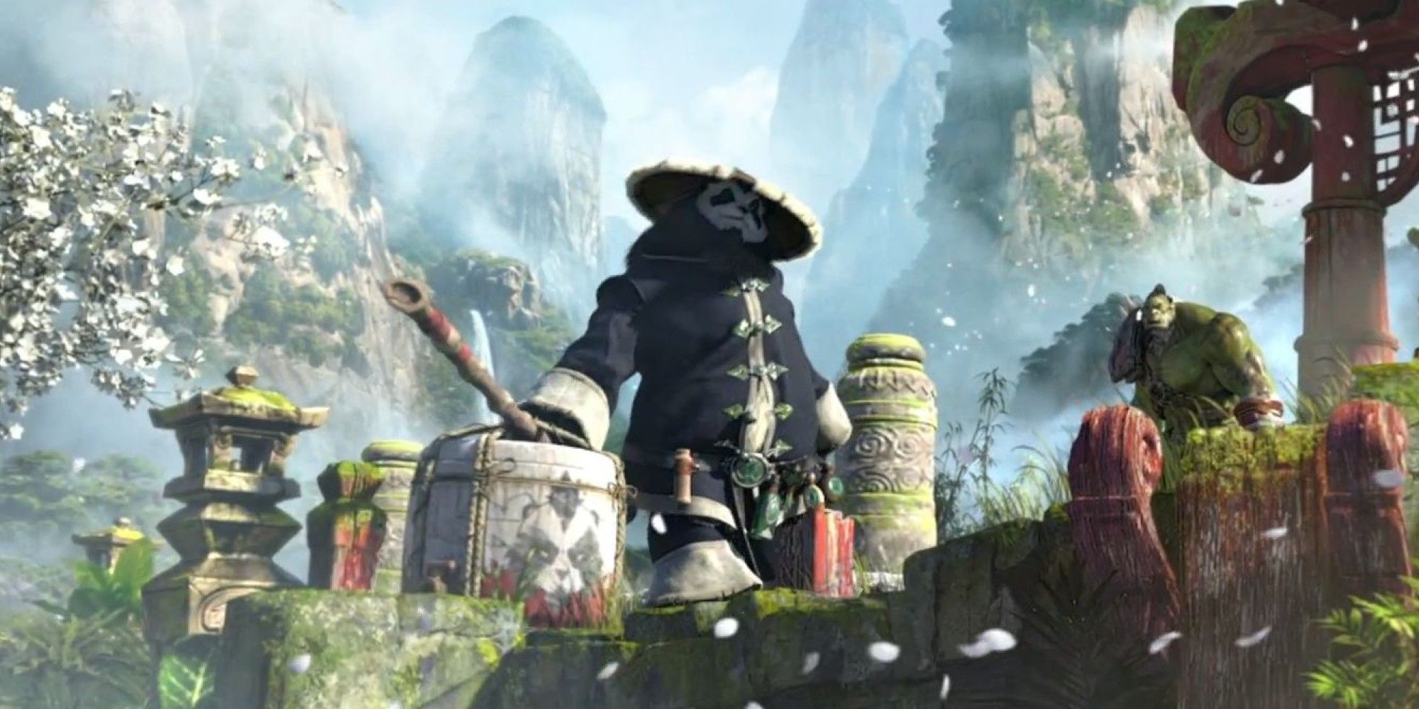 World of Warcraft pandaren with mountains in the background as an orc watches