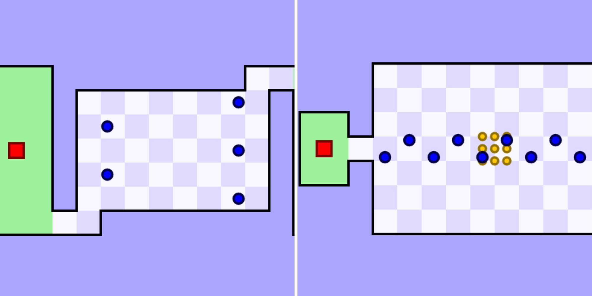 A split image of a simple, 2D, top-down perspective of a red square, multiple blue dots, and a checkered floor.