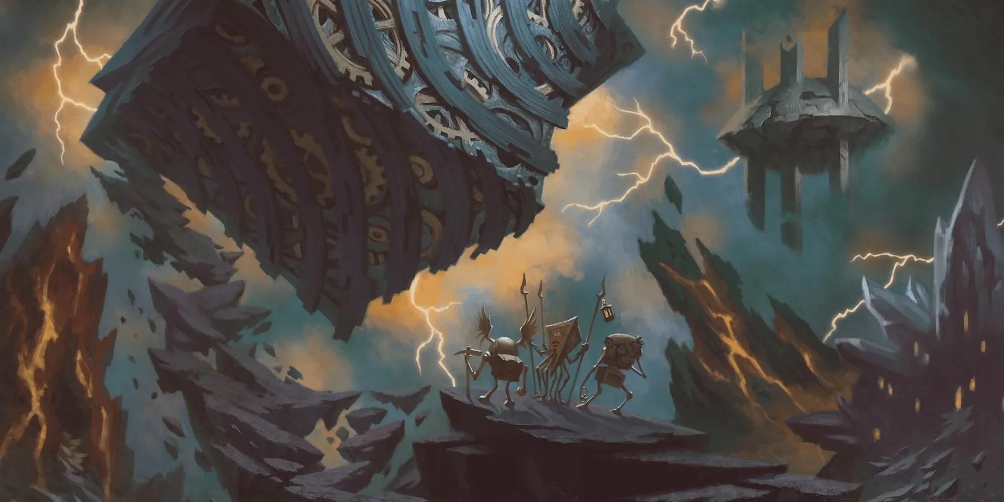 Xaos in a stormy realm with floating platforms and a floating cube in D&D Artwork
