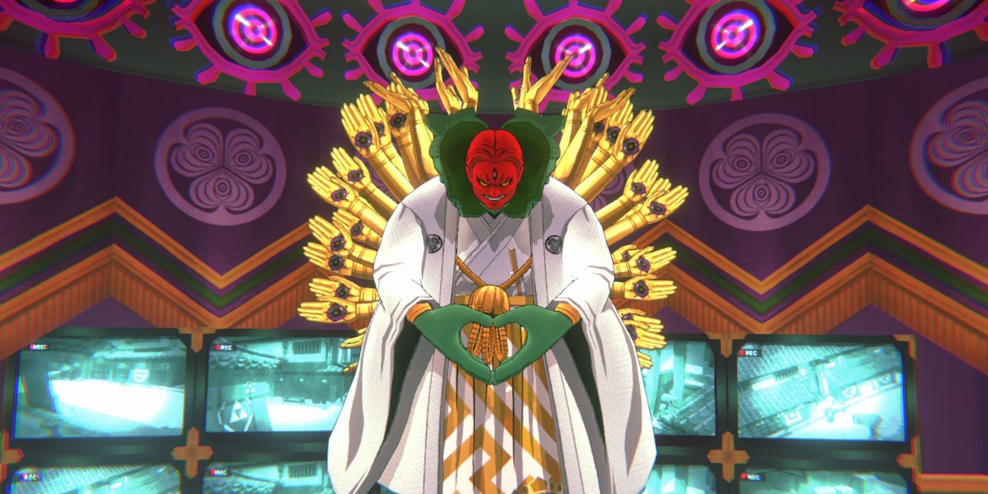 Lord Yoshiki in Persona 5 Tactica, a buddha with a red face and a bunch of golden arms coming out of his back