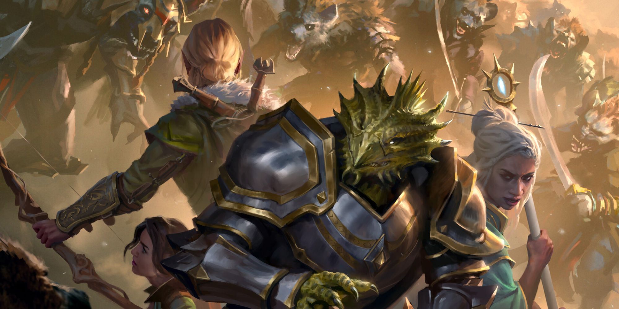 A party surrounded by Gnolls At Their Camp Bracing For A Battle In Magic The Gathering Artwork