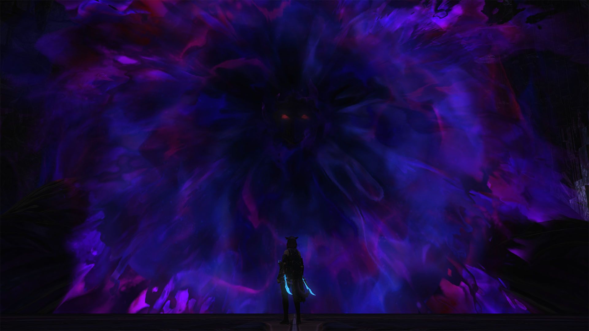 warrior of light standing in front of zeromus covered in purple shadows