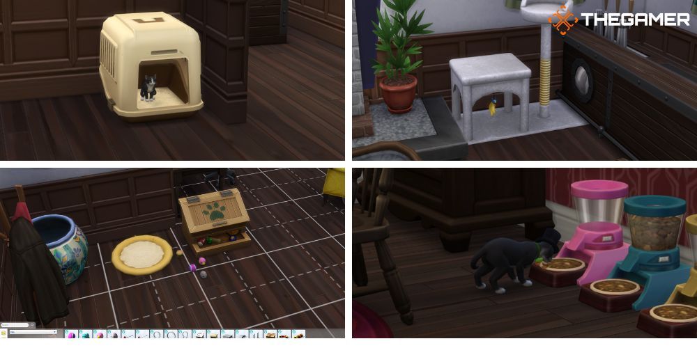 The Sims 4 Cats & Dogs: Top left: litter box, top right: scratching post, bottom left: pet bed and toys, bottom right: food dish
