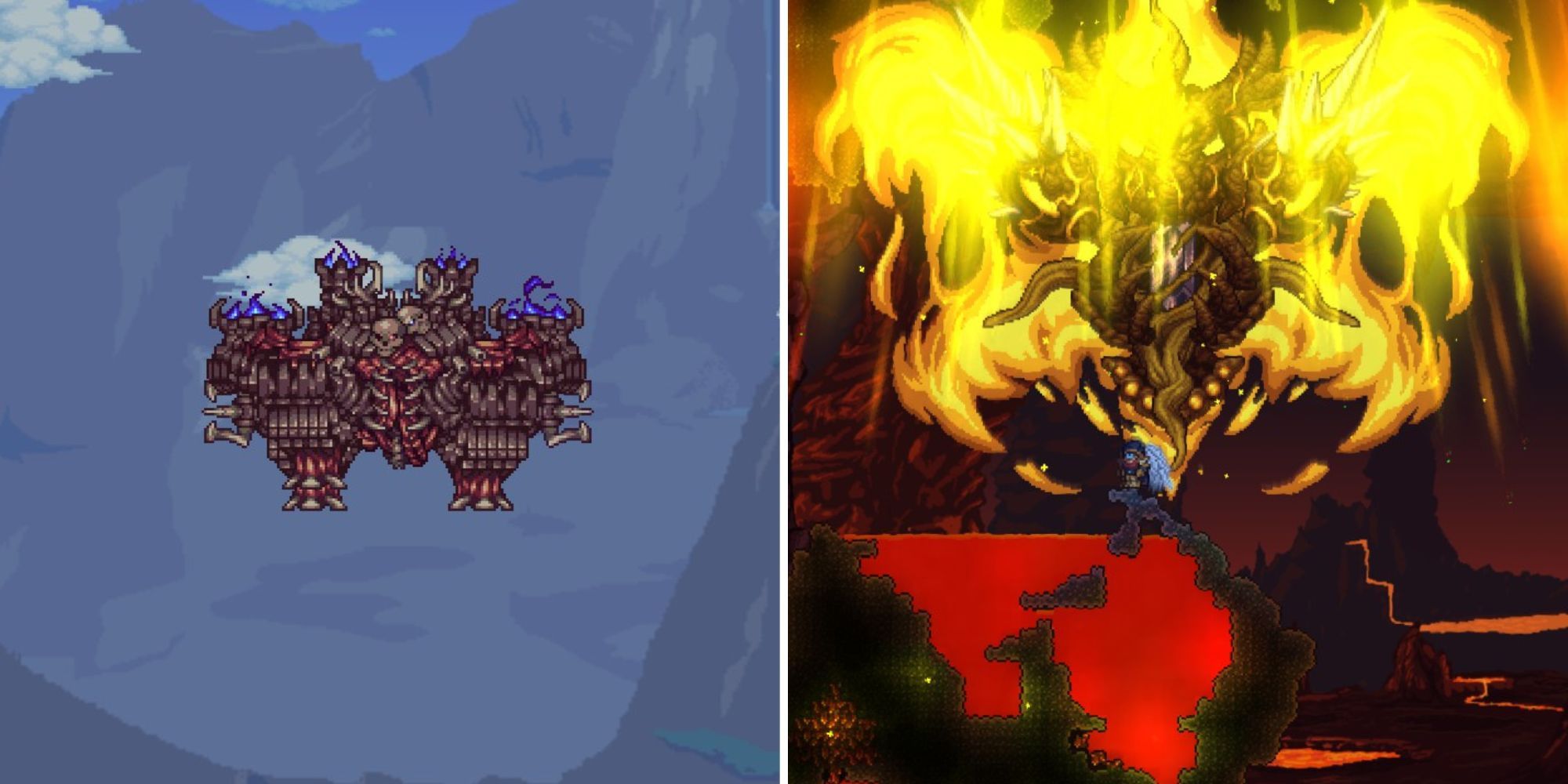 A split image of a floating, red and dull white boss with sinister accents, and a underworld boss with glowing, flaming wings.