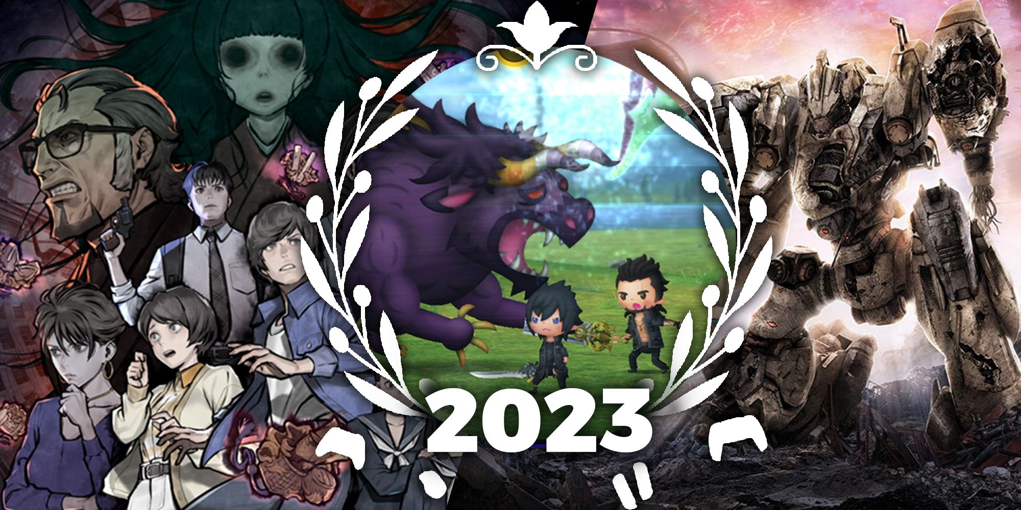 GOTY 2023, Feature-Kennedy, split image featuring Armored Core 6, Theatrhythm, and Paranormasight