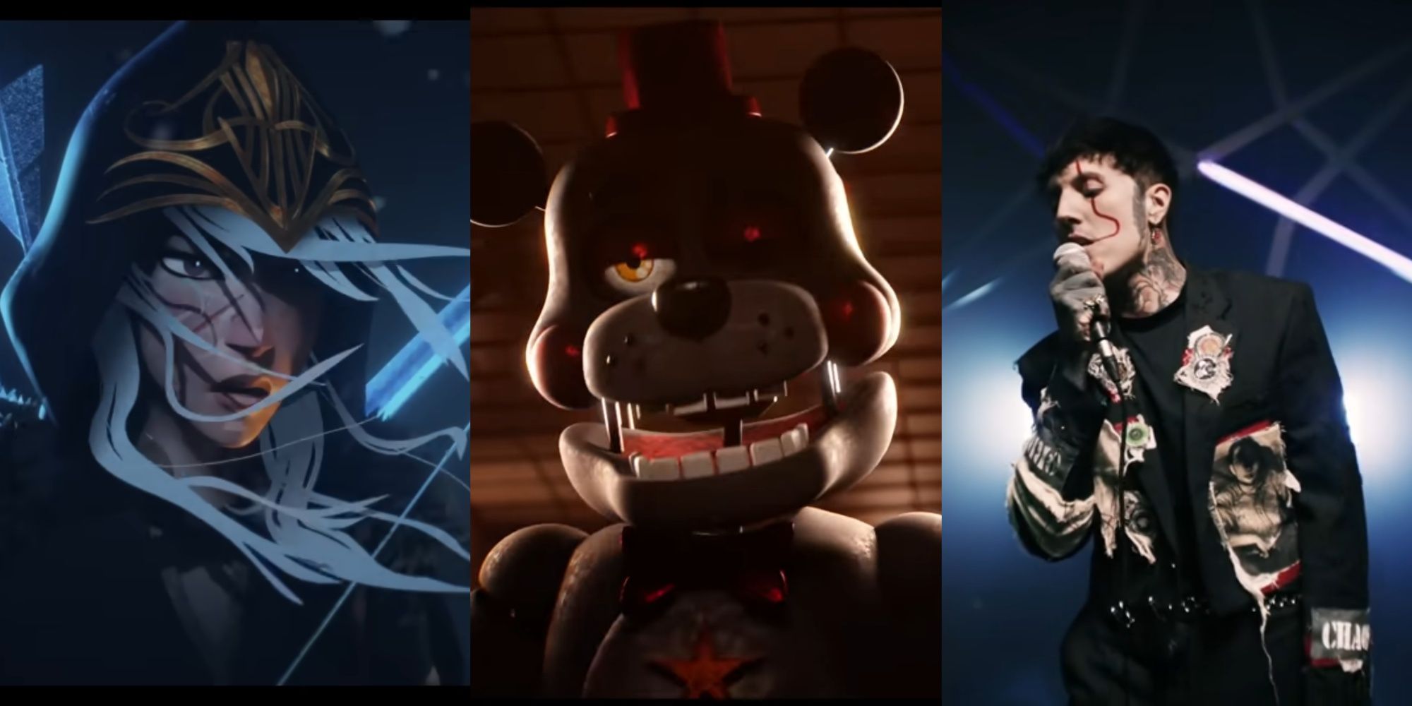 Ashe from League of Legends song Legends Never Die by Against the Current, Freddy Fazbear from Madness by NateWantsToBattle, and Ludens by Bring Me the Horizonreddy F