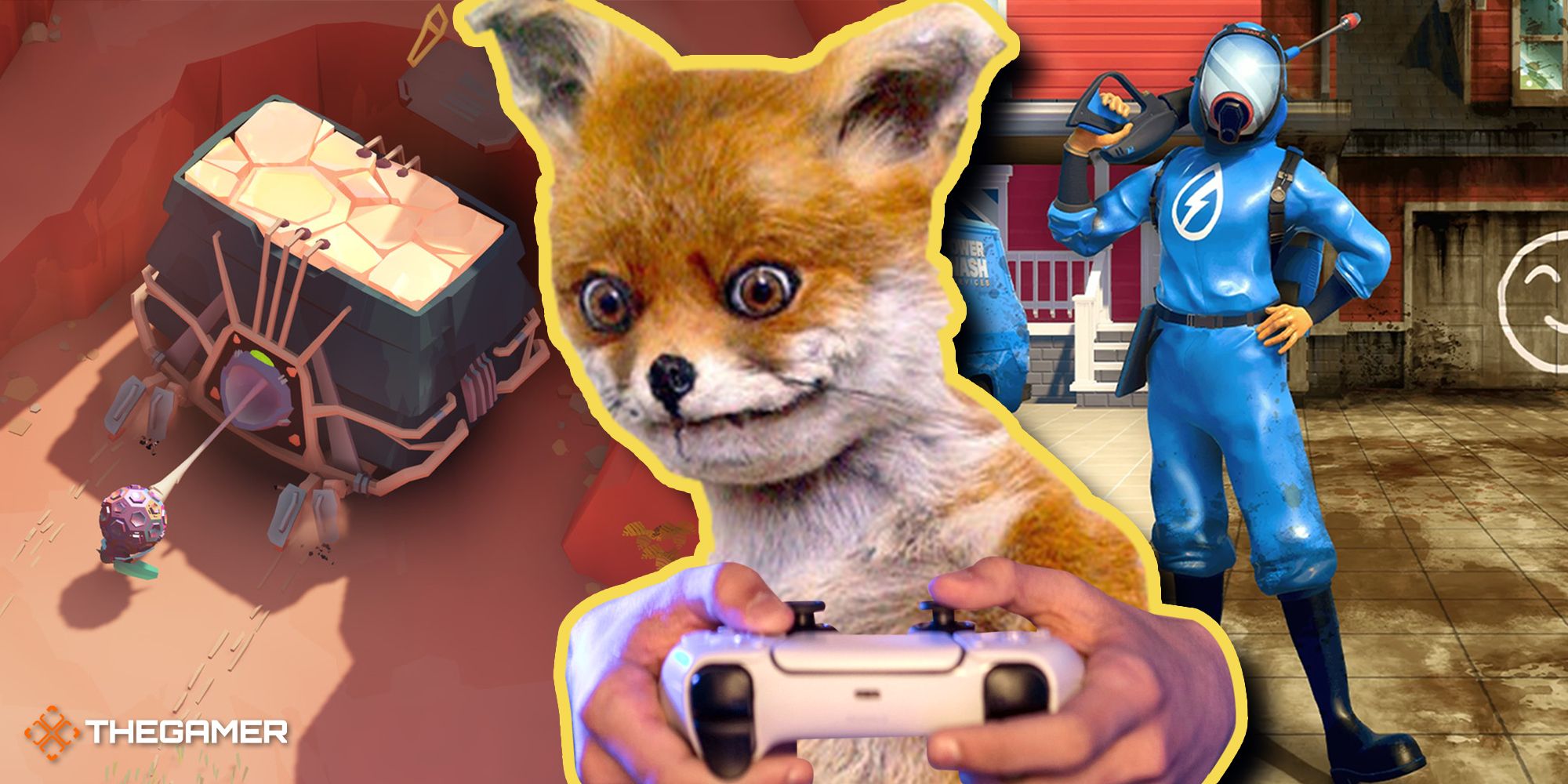 A hungover fox holding a PS5 controller, with Cocoon on the left and PowerWash Simulator on the right
