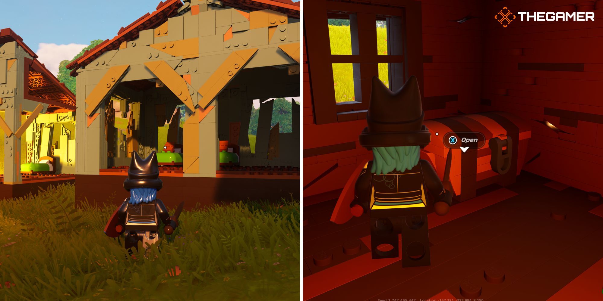 Lego Fortnite: Left: Standing in front of house build with planks, right: standing in front of chest built with planks