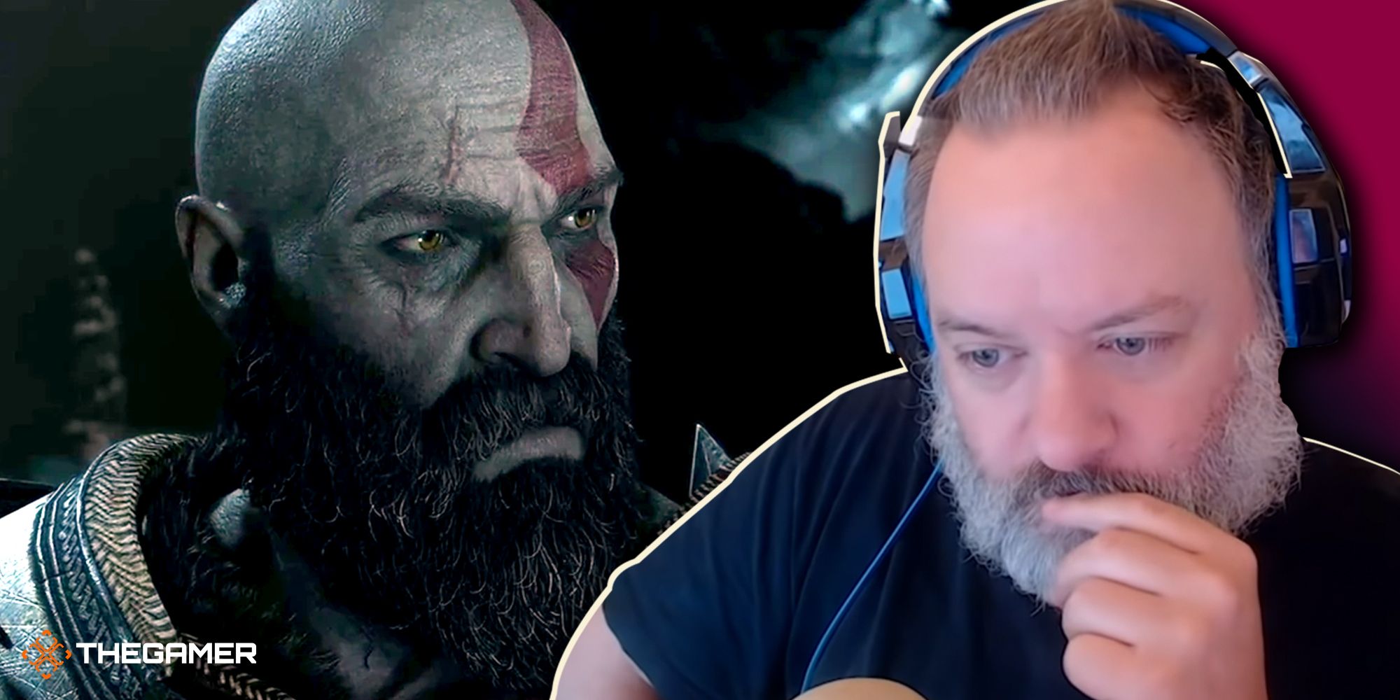 On the left, Kratos as portrayed in the recent God of War games. On the right, David Jaffe in one of his YouTube videos.