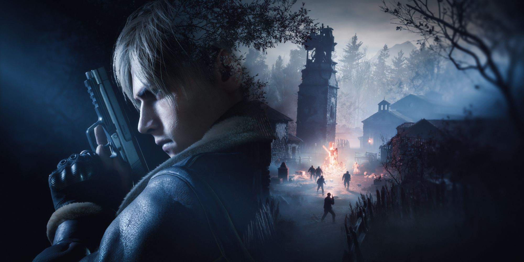 Resident Evil 4 Remake Leon Kennedy with the village in the background