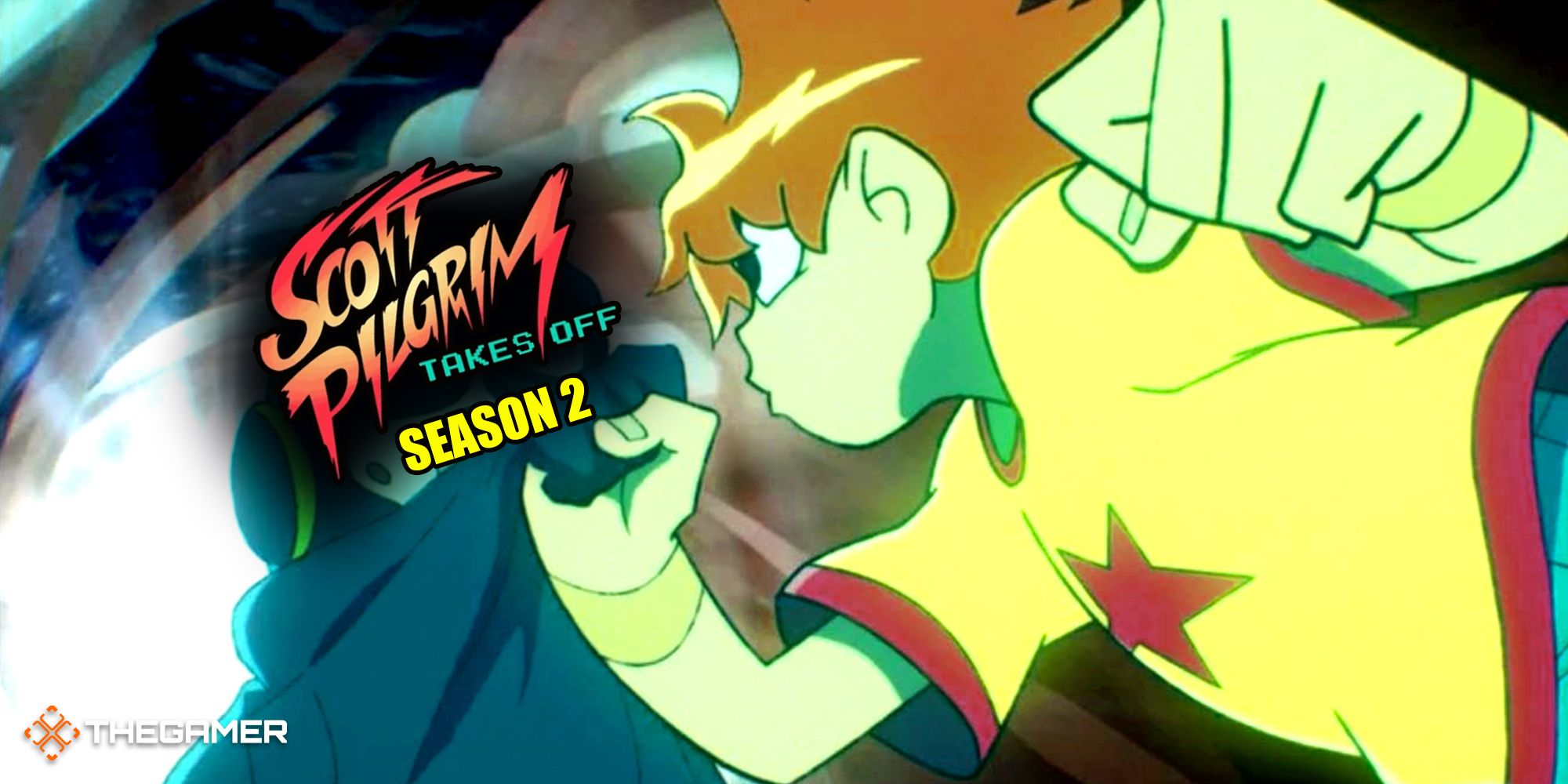 An animated Scott Pilgrim punching a character whose head is replaced with a logo saying Scott Pilgrim Takes Off Season 2