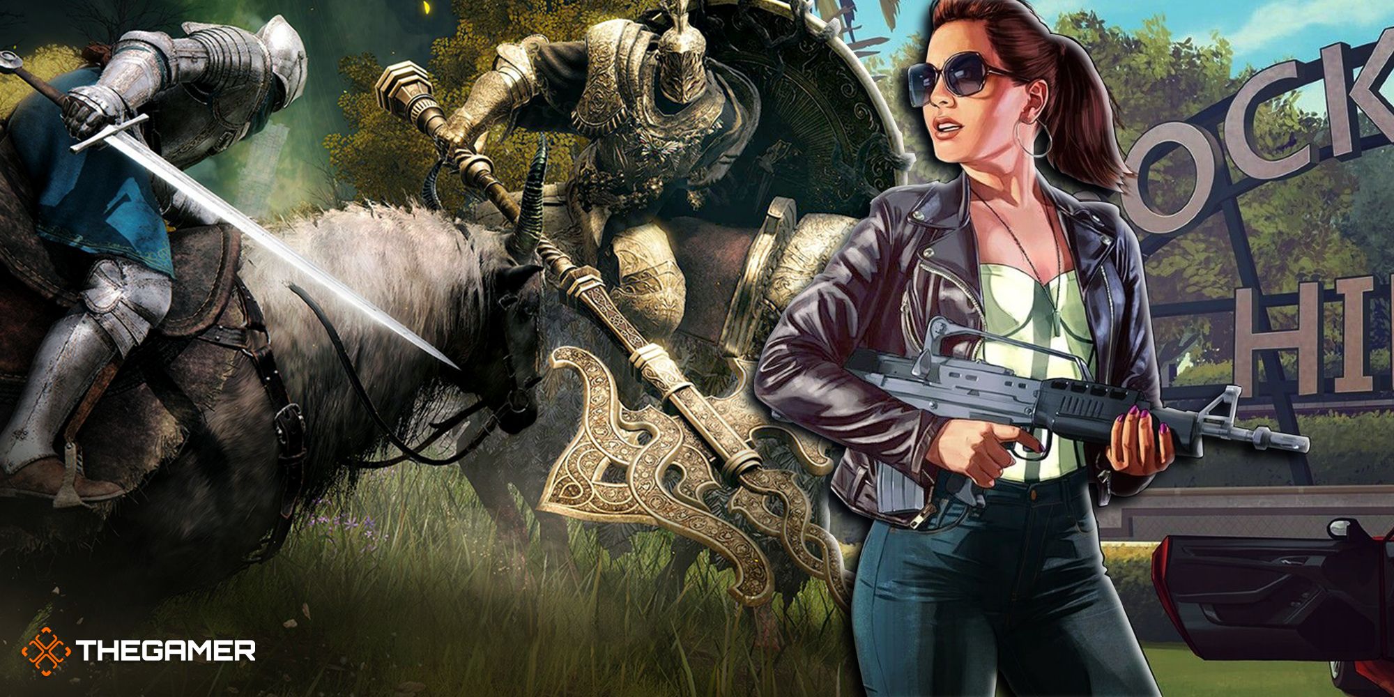 Elden Ring characters on horses next to GTA woman with a gun