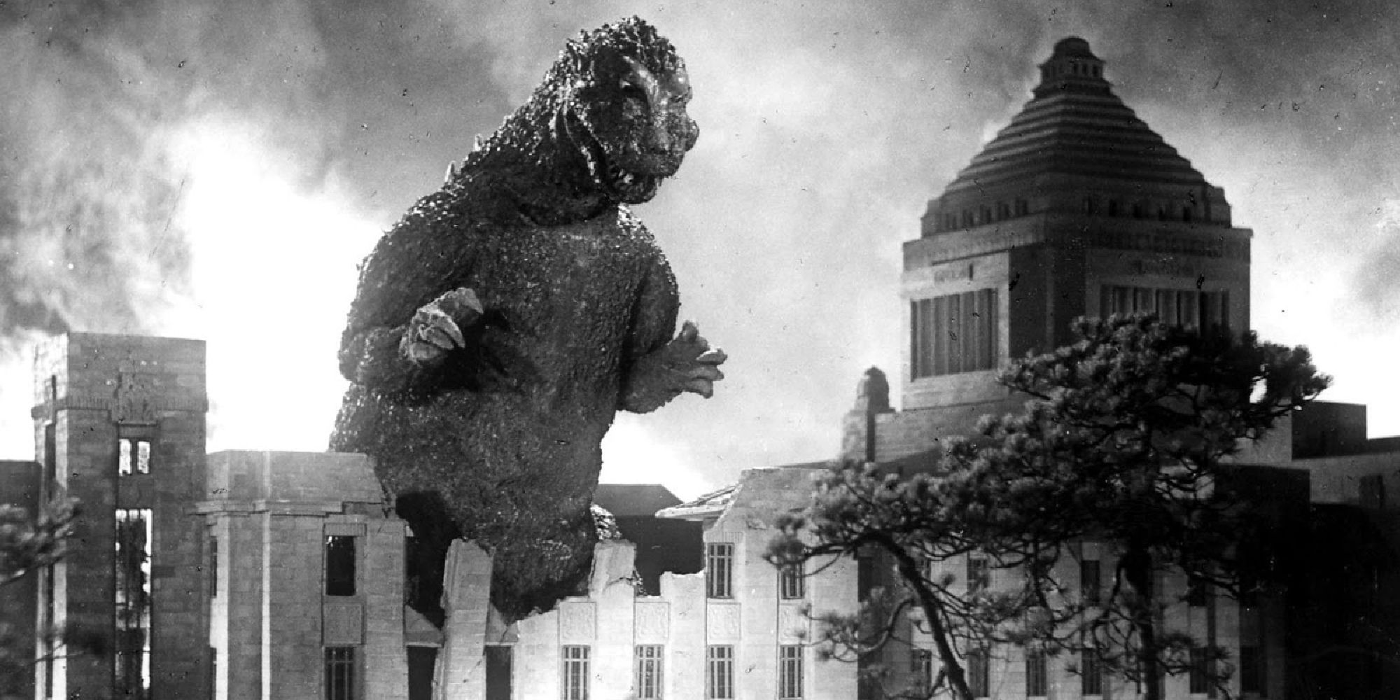 Screenshot des Godzilla-Films von 1954 über dem Gebäude