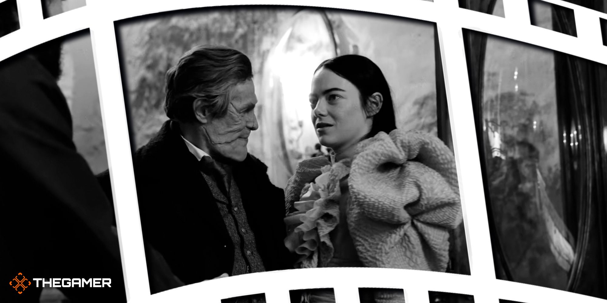 Willem Dafoe and Emma Stone in Poor Things on a film stock graphic