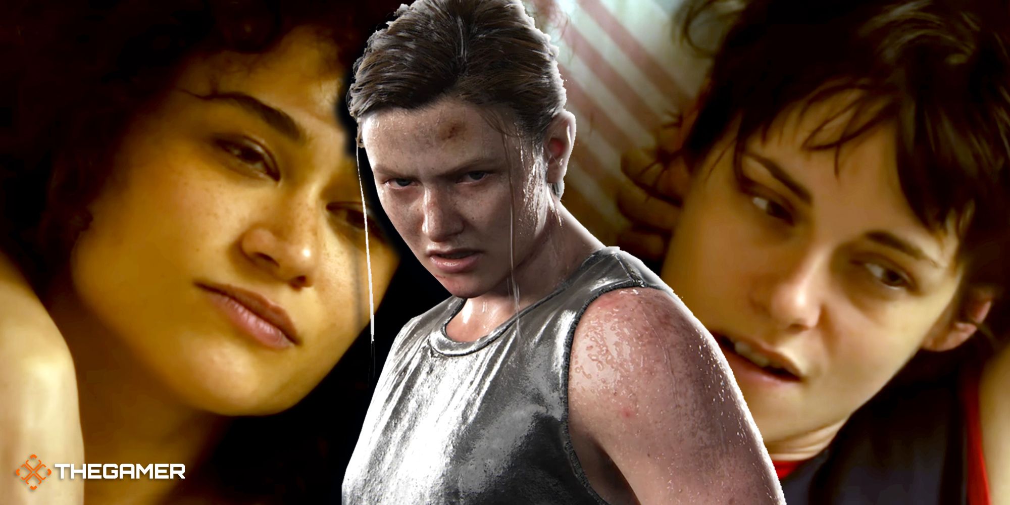 A screenshot of the two main characters in Love Lies Bleeding with Abby Anderson from The Last of Us 2 superimposed in the middle