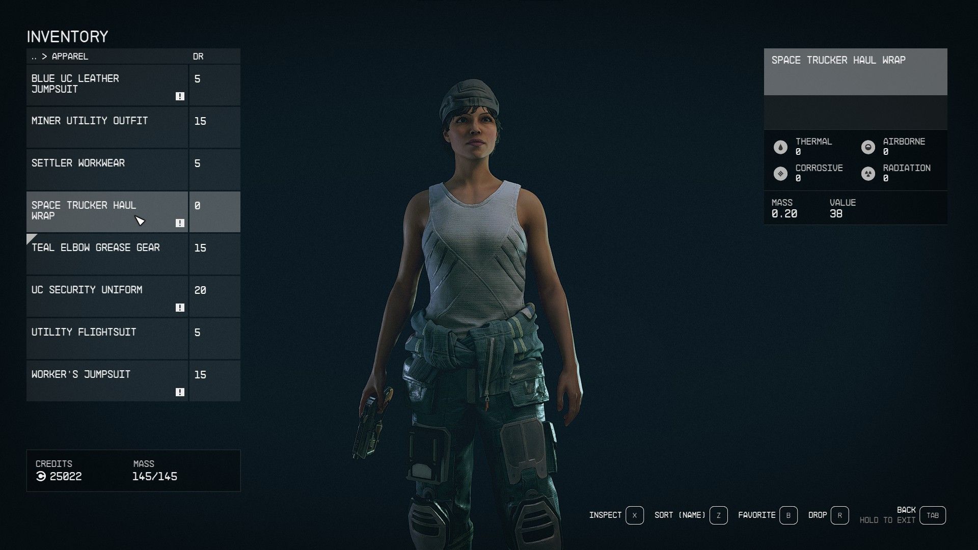 Starfield Player Wearing Teal Elbow Grease Gear Outfit In Inventory 