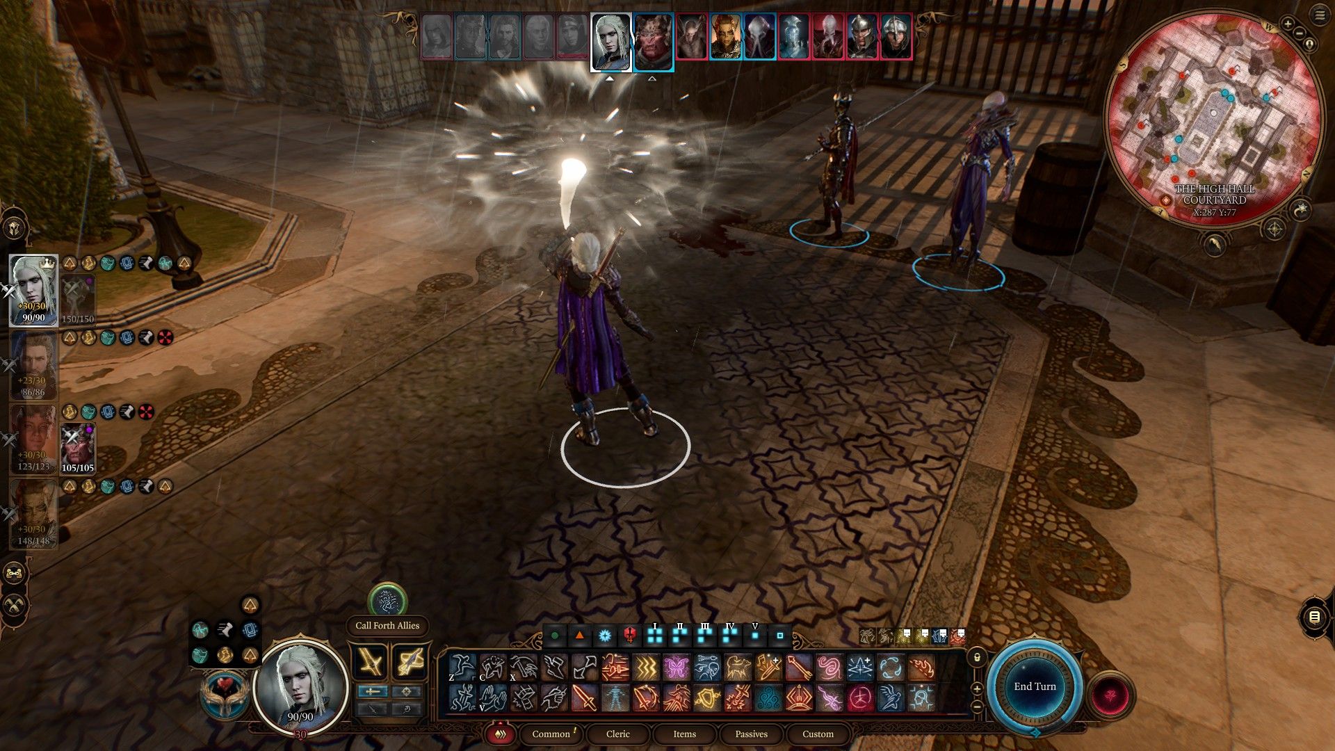 Player Drow Cleric blows horn to call forth allies at High Hall Courtyard in Baldur's Gate 3