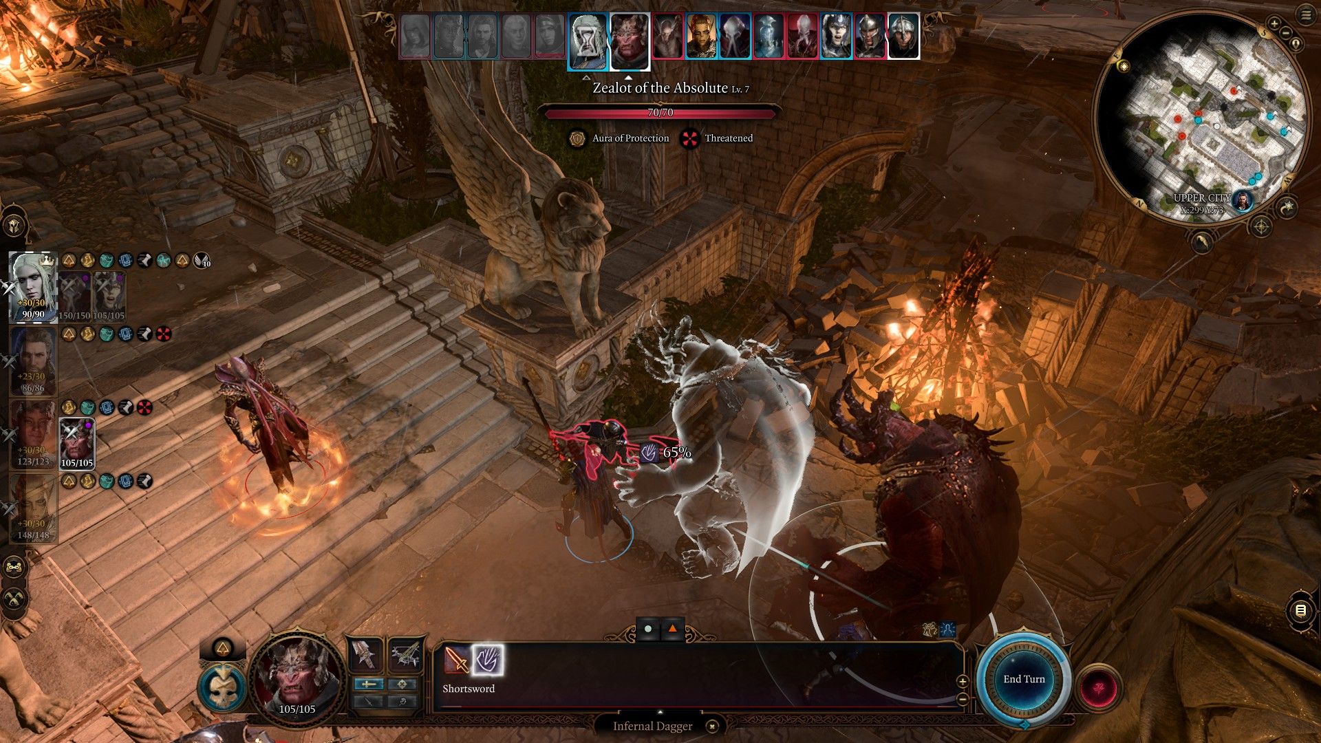 Allied Yurgir uses Infernal Dagger to strike enemy in High Hall Courtyard in Baldur's Gate 3