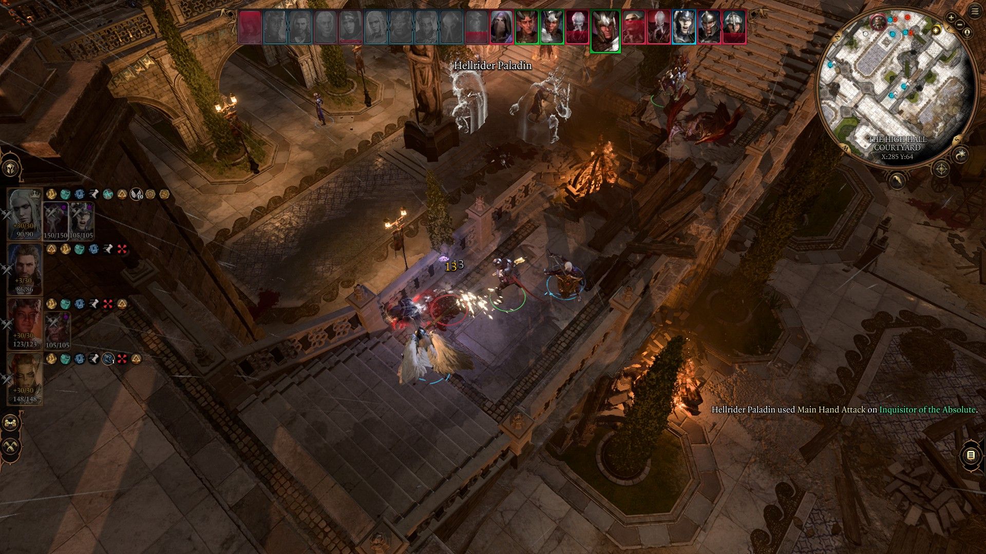 Allied Nightsong Dame Aylin strikes enemy with sword during fight at High Hall Courtyard in Baldur's Gate 3