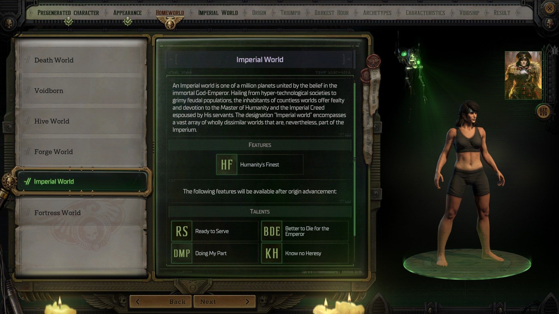 the imperial world selection on the character creation interface in warhammer 40k rogue trader