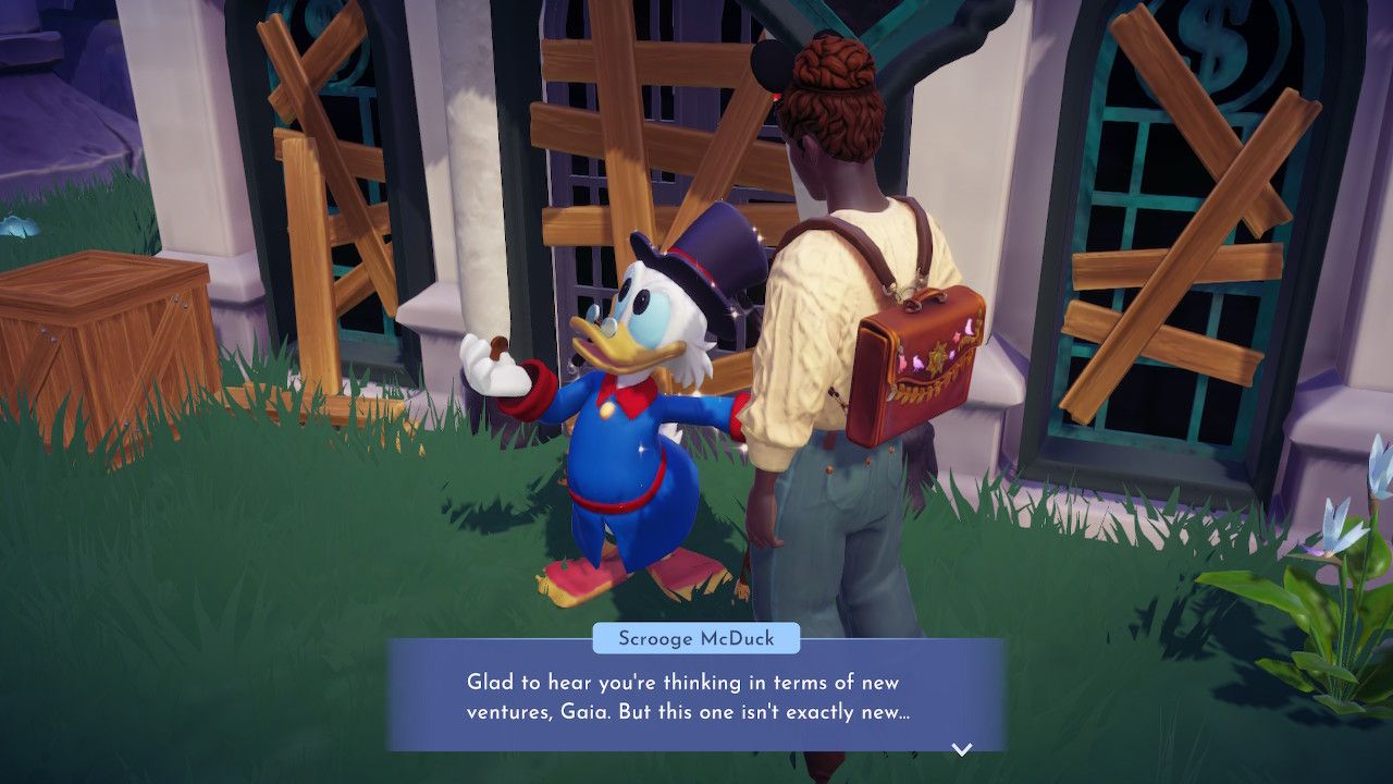 Player character listening to Scrooge McDuck tell them about his old business venture on Eternity Isle in Disney Dreamlight Valley.
