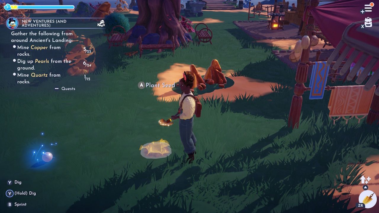 Player character digging up a pearl from the ground on Eternity Isle in Disney Dreamlight Valley.