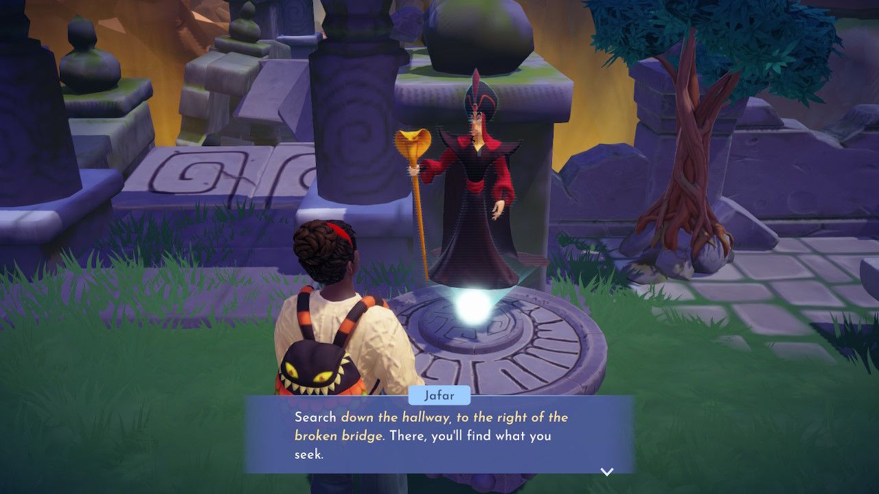 Player character listening to Jafar give them the directions to the first time jewel on Eternity Isle in Disney Dreamlight Valley.