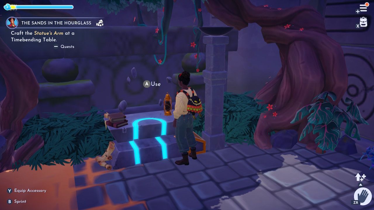 Player character standing in front of a stone crafting bench with blue lights on it on Eternity Isle in Disney Dreamlight Valley.