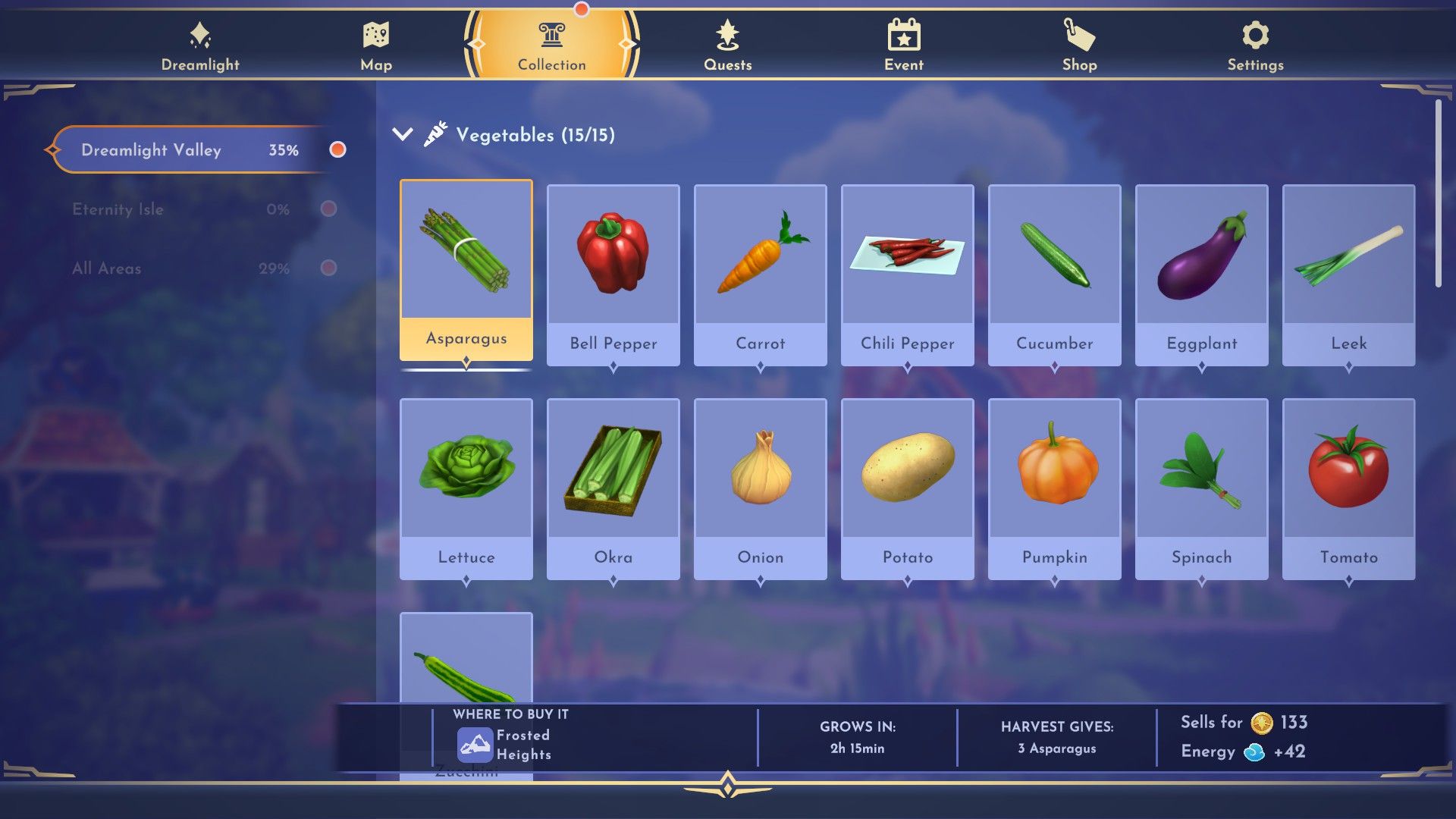 Menu delle collezioni di verdure Disney Dreamlight Valley con selezione di asparagi