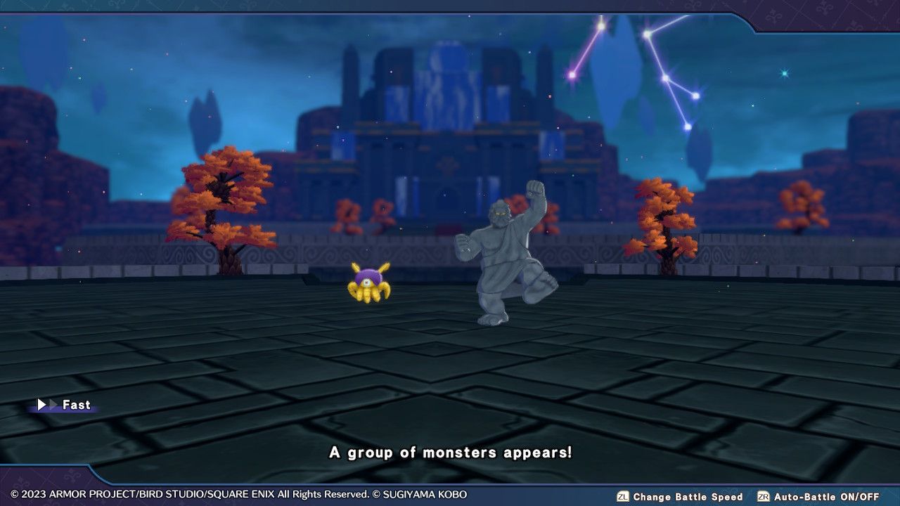 Entering into a battle against a Lunatick and a Living Statue in the Upper Echelon of the Circle of Caprice in Dragon Quest Monsters: The Dark Prince.
