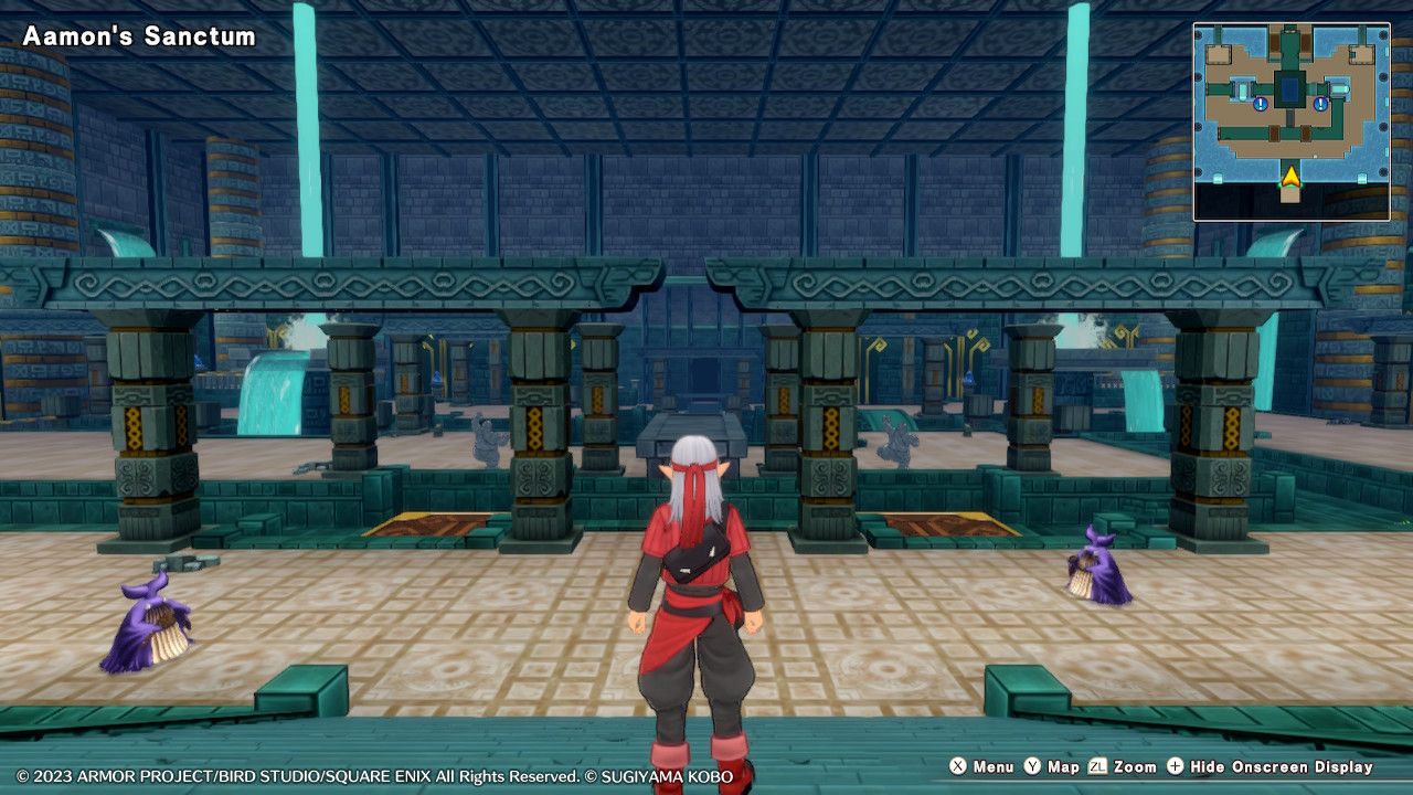 Psaro standing on a staircase at the entrance of Aamon's Sanctum near two Baleen Mages in Dragon Quest Monsters: The Dark Prince.
