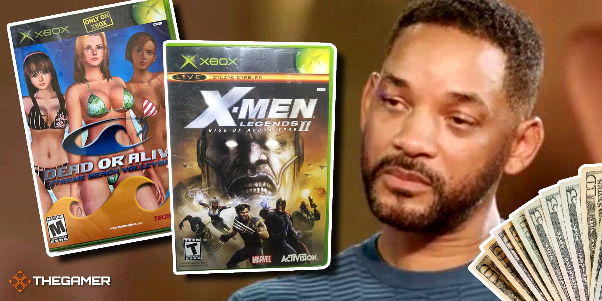 Chris Rock crying next to copies of Dead or Alive Xtreme Beach Volleyball and X-Men Legends 2: Rise of Apocalypse