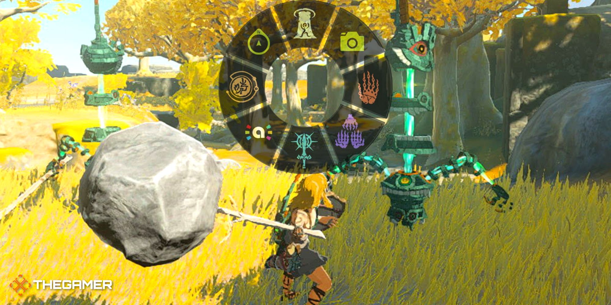 Link with a big rock hammer in his hand, swinging on a Zonai enemy, with the ability HUD above his head