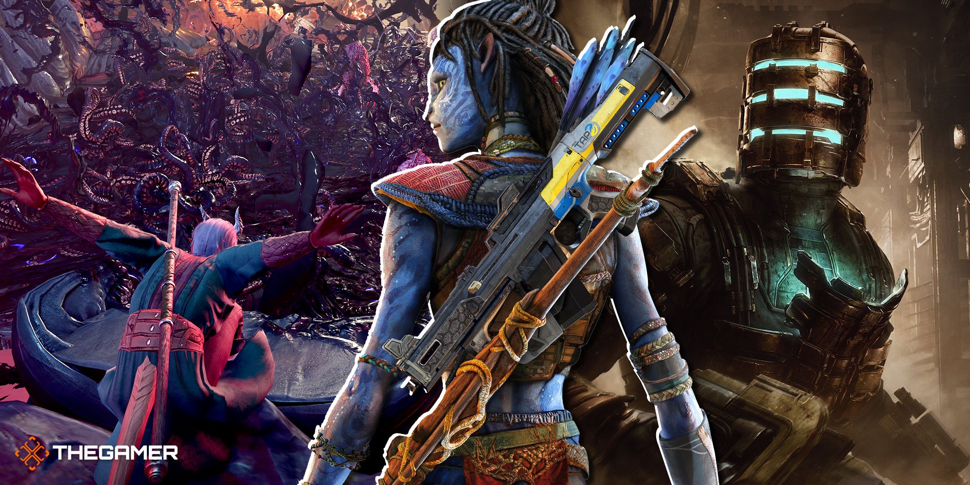 Split image with characters from Baldur's Gate 3, Avatar: Frontiers of Pandora, and Dead Space.