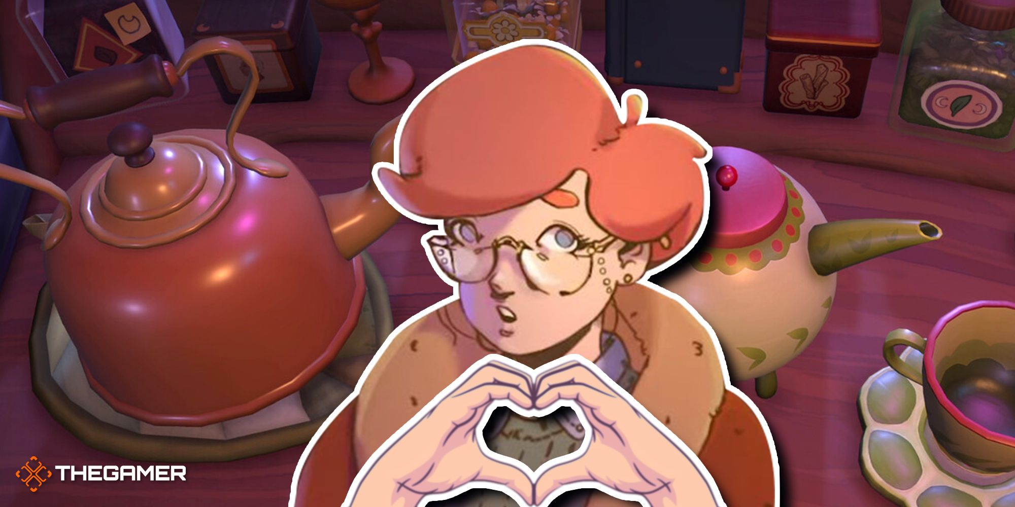 A character in Loose Leaf: A Tea Witch Simulator making a heart with their hands. The tea brewing setup is in the background.