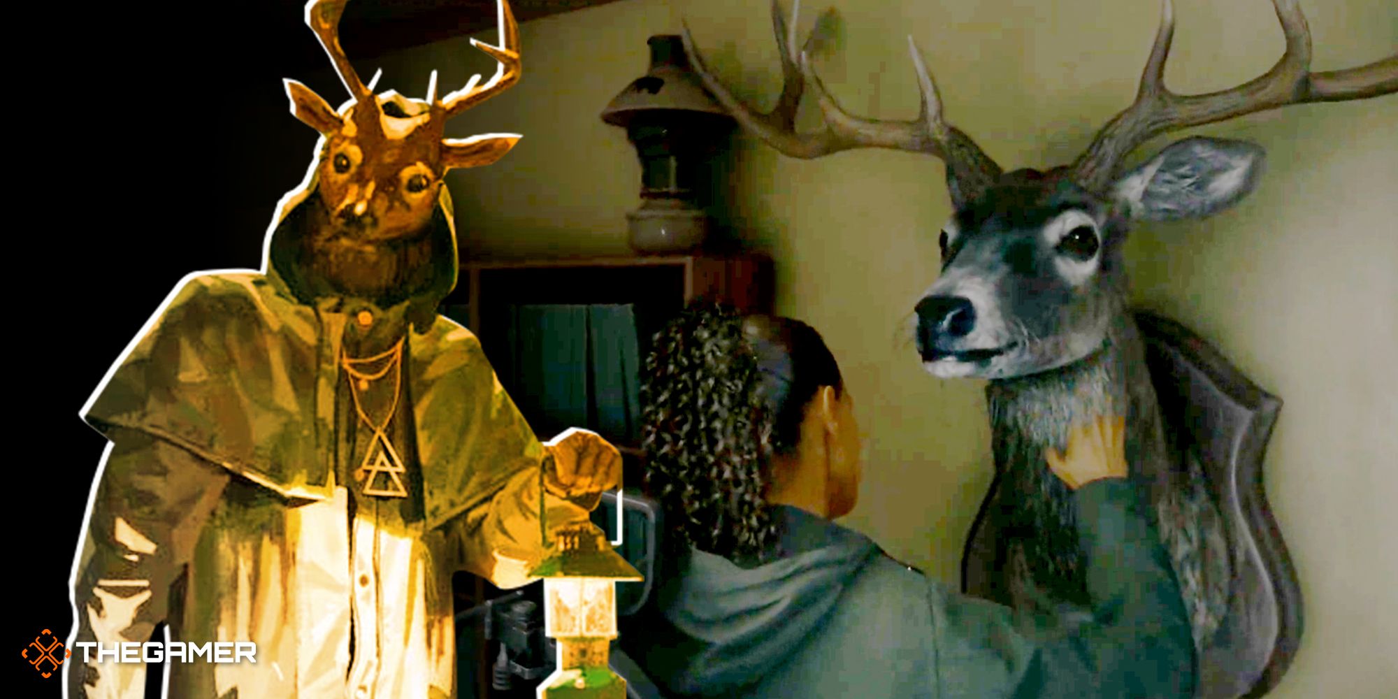 Split image with a Cult of the Tree cultist holding a lantern and wearing a deer mask on the left, with Saga Anderson petting a deerhead in Alan Wake 2 on the right