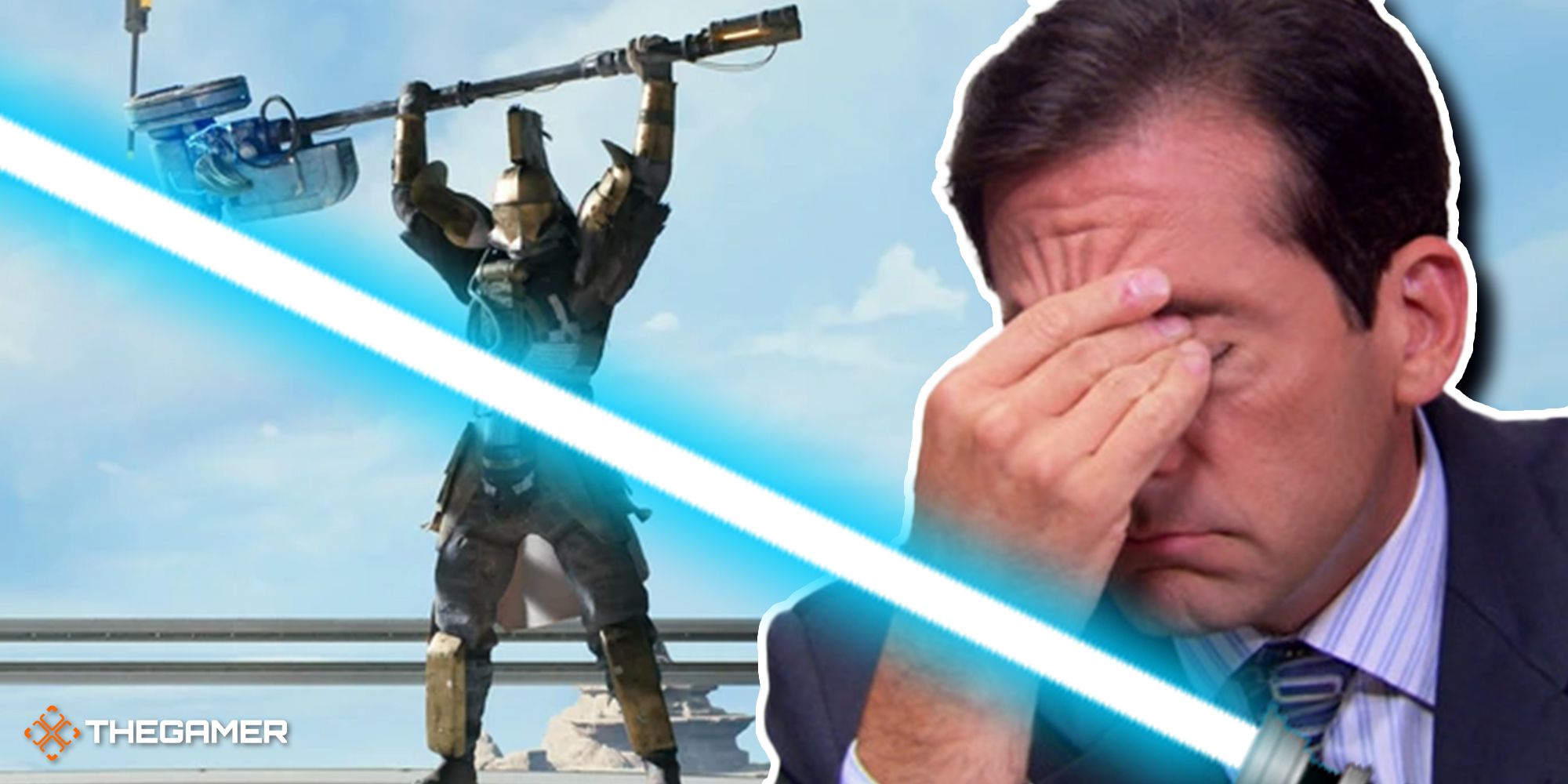 A Bedlam Smasher lifting its hammer in the background, Steve Carell as Michael Scott facepalming with a lightsaber in his other hand in the foreground