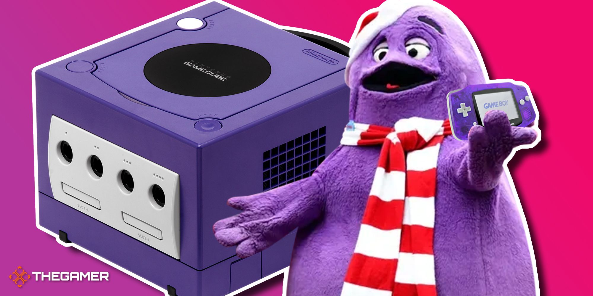 Purple GameCube next to Grimace holding a purple Game Boy
