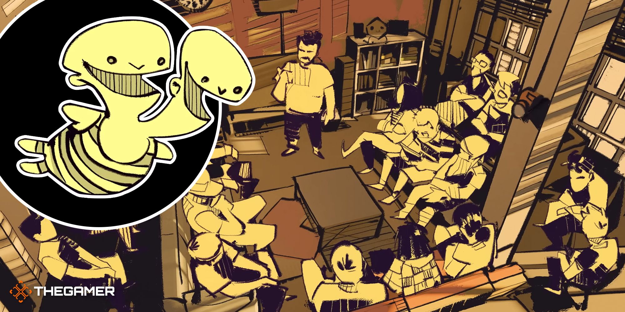 An illustration of Double Fine in a meeting room with the Double Fine logo in the top left corner