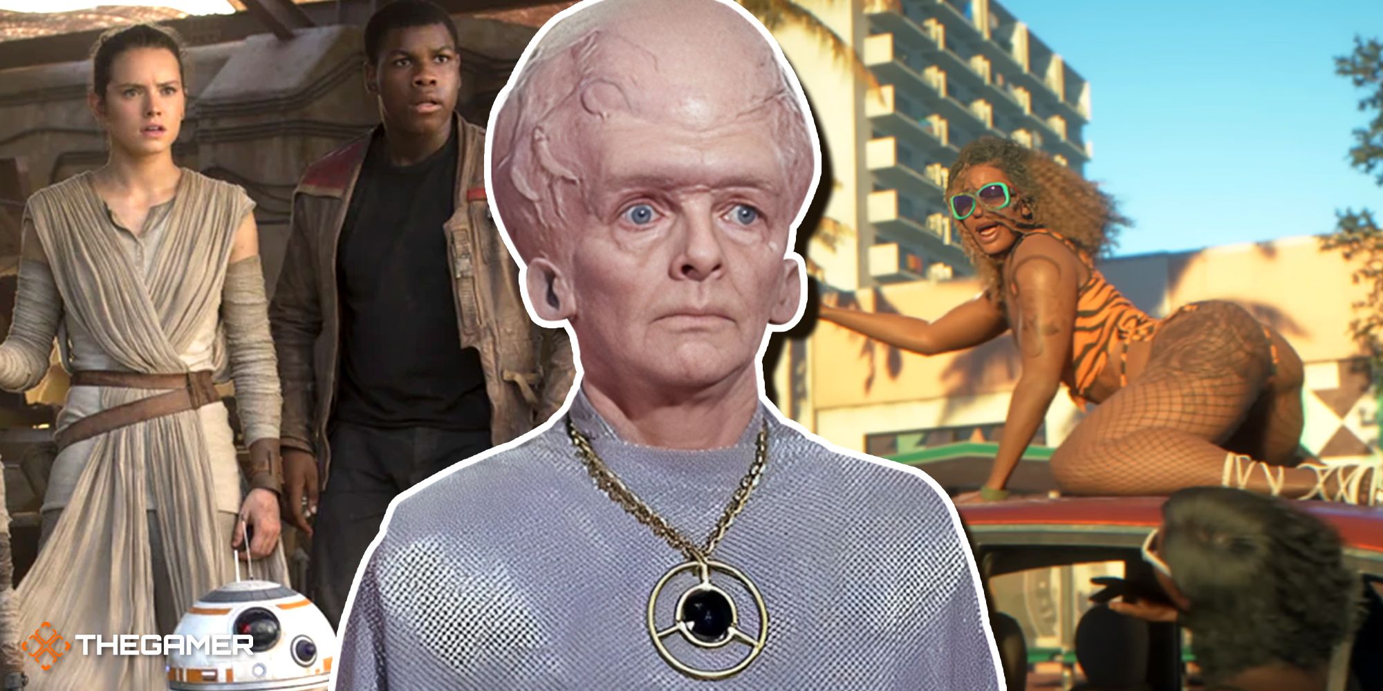 A dude with a big brain wearing a pendant in the foreground with Rey, Finn, and BB-8 on the left and the twerking woman from the GTA 6 trailer on the right.