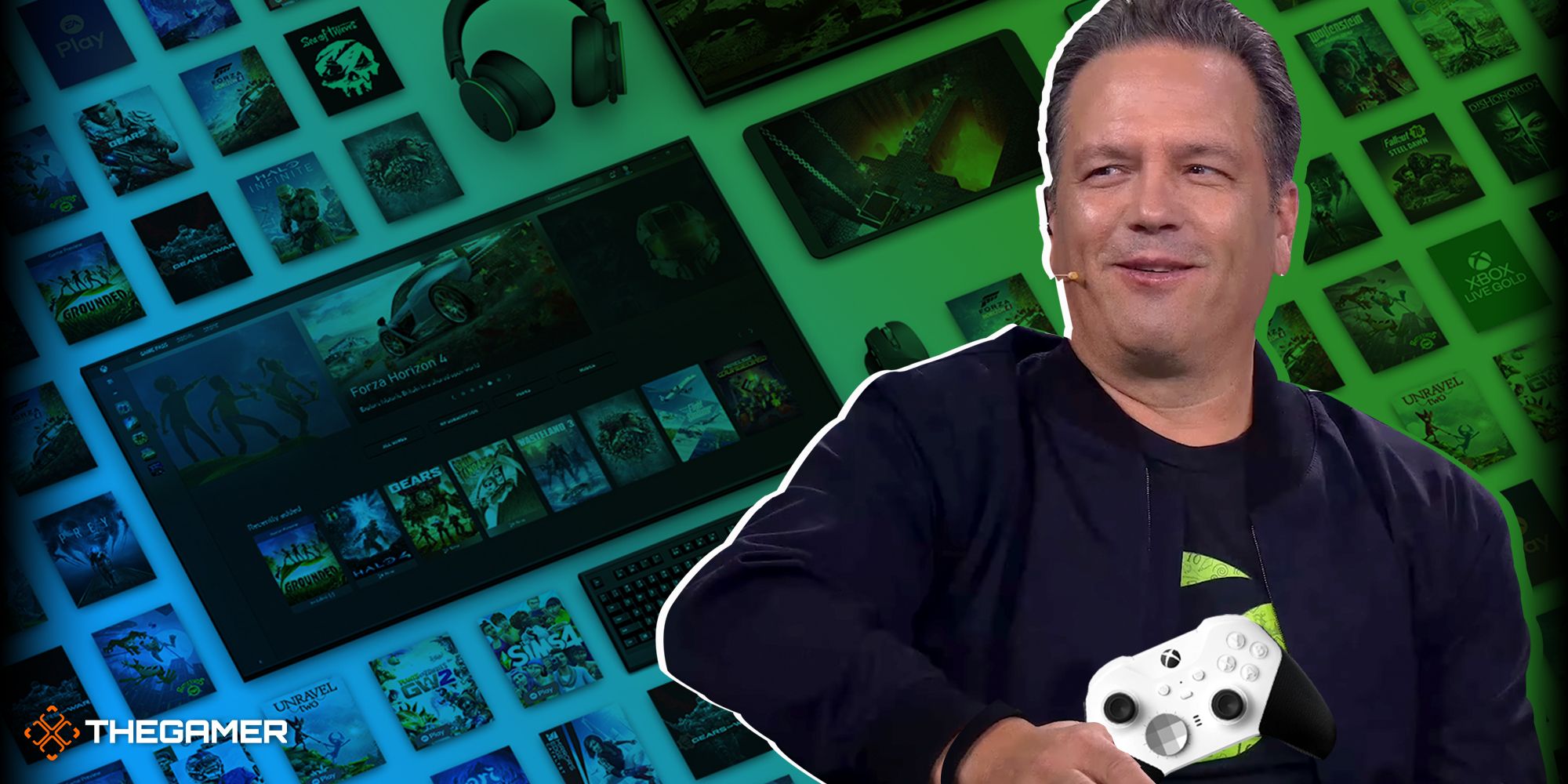 Phil Spencer holding an Xbox controller with a background of the games available on Xbox