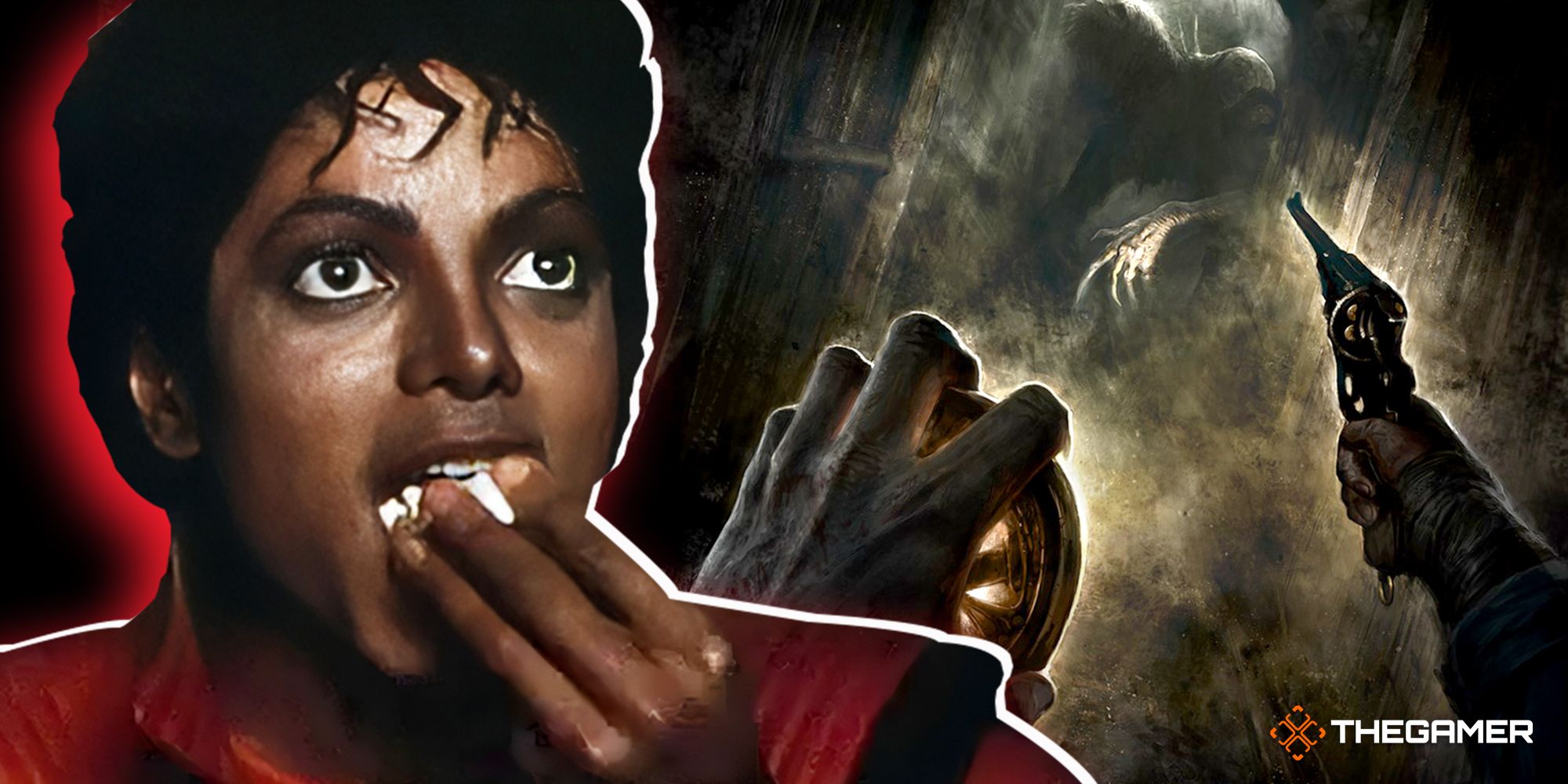 Split image: On the left, Michael Jackson eating popcorn. On the right, the perspective of the character in Amnesia: The Bunker, with a hand holding a flashlight on one side and a hand holding a revolver on the other, with the monster surrounded by fog in the center.