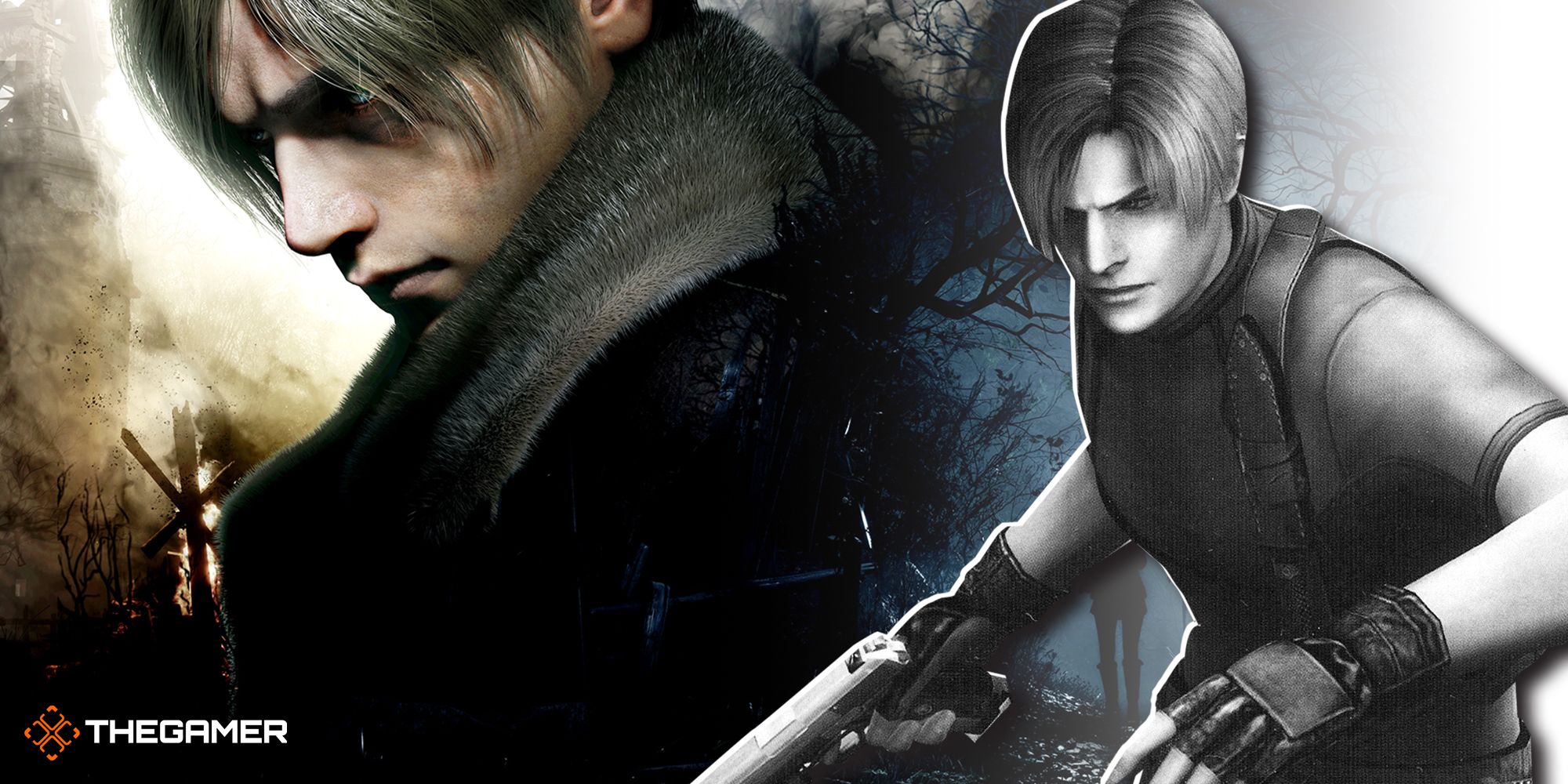 Split image showing Leon from new Resident Evil 4 on the left and old RE4 on the right