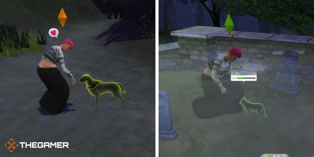 The Sims 4 Cats & Dogs: Left: meeting ghost dog, right: meeting ghost cat